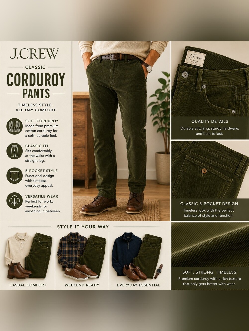 J.Crew Olive Green Corduroy Pants Men's Classic Fit 28x32 5-Pocket